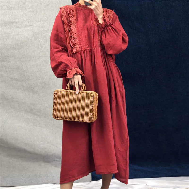 Johnature New Vintage Cotton Linen Embroidery Hollow Out Women Dresses 2023 Summer Solid Color Ruffles Dress